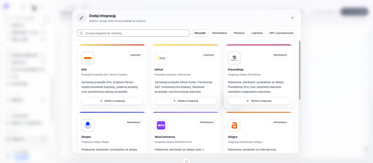 Wybór integracji w Complaia ERP: DHL, InPost, PrestaShop, Shoper, WooCommerce i Allegro.